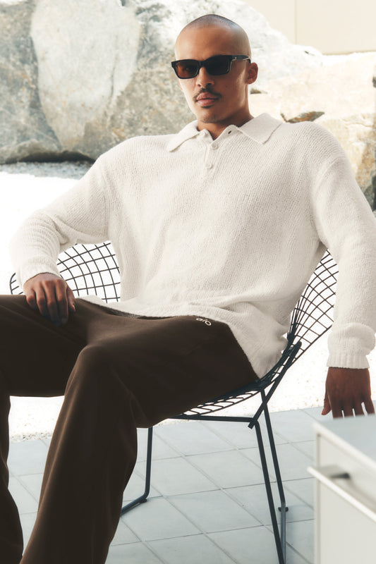 Textured Knit Long Sleeve Polo - Ivory